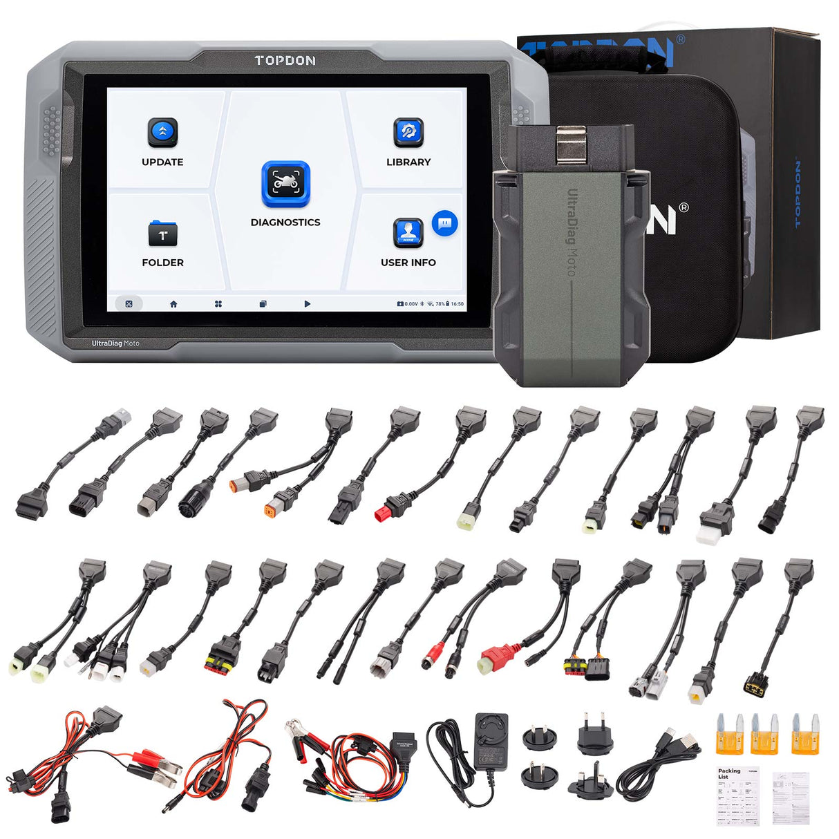 Topdon UltraDiag Moto diagnostic tool with cables and accessories
