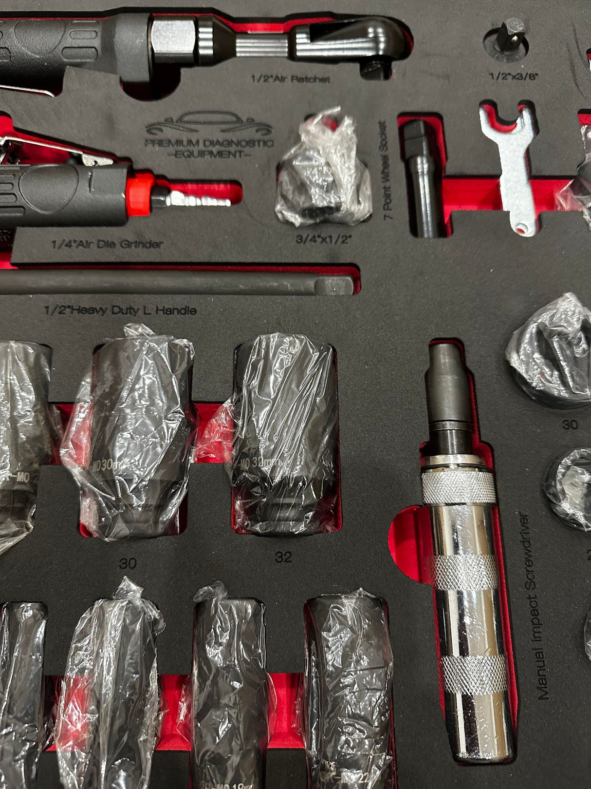 PDE Pneumatic Air Impact Tools & Socket Set with EVA Foam Tray 34PCE