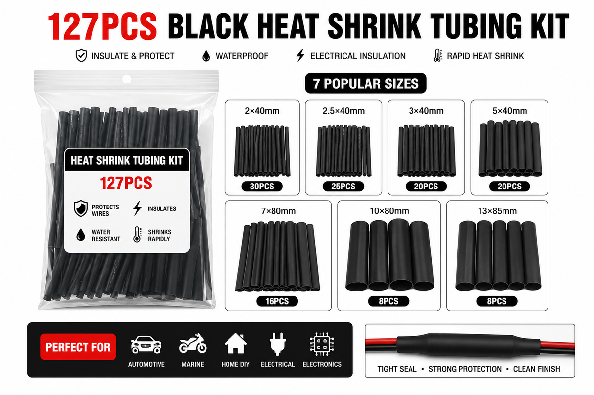 Black heat shrink tubing kit with packaging and size options