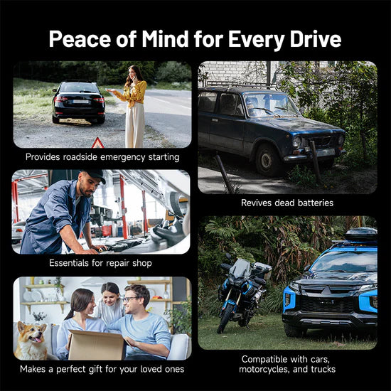 Topdon V3000 uses including roadside emergency starting, battery revival, repair shop essentials, and compatibility with vehicles