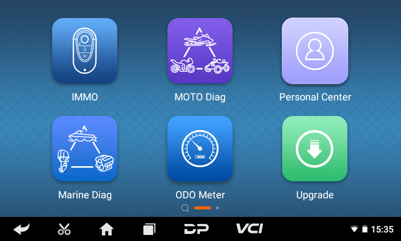 OBDSTAR iScan BRP set of app icons with labels for IMMO, Moto Diag, Personal Center, Marine Diag, ODO Meter, and Upgrade