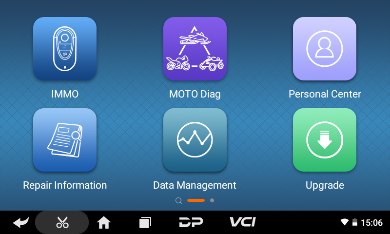 OBDSTAR iScan Yamaha set of app icons with labels for IMMO, Moto Diag, Personal Center, Repair Information, Data Management, and Upgrade