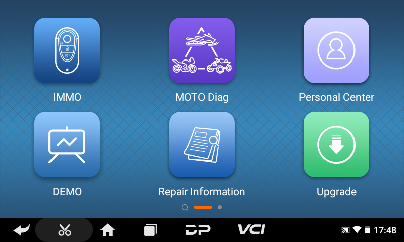 OBDSTAR iScan Harley Davidson set of app icons with labels for IMMO, MOTO Diag, Personal Center, DEMO, Repair Information, and Upgrade