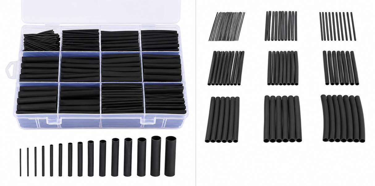 Black heat shrink tubing in a clear organizer box with additional tubing displayed