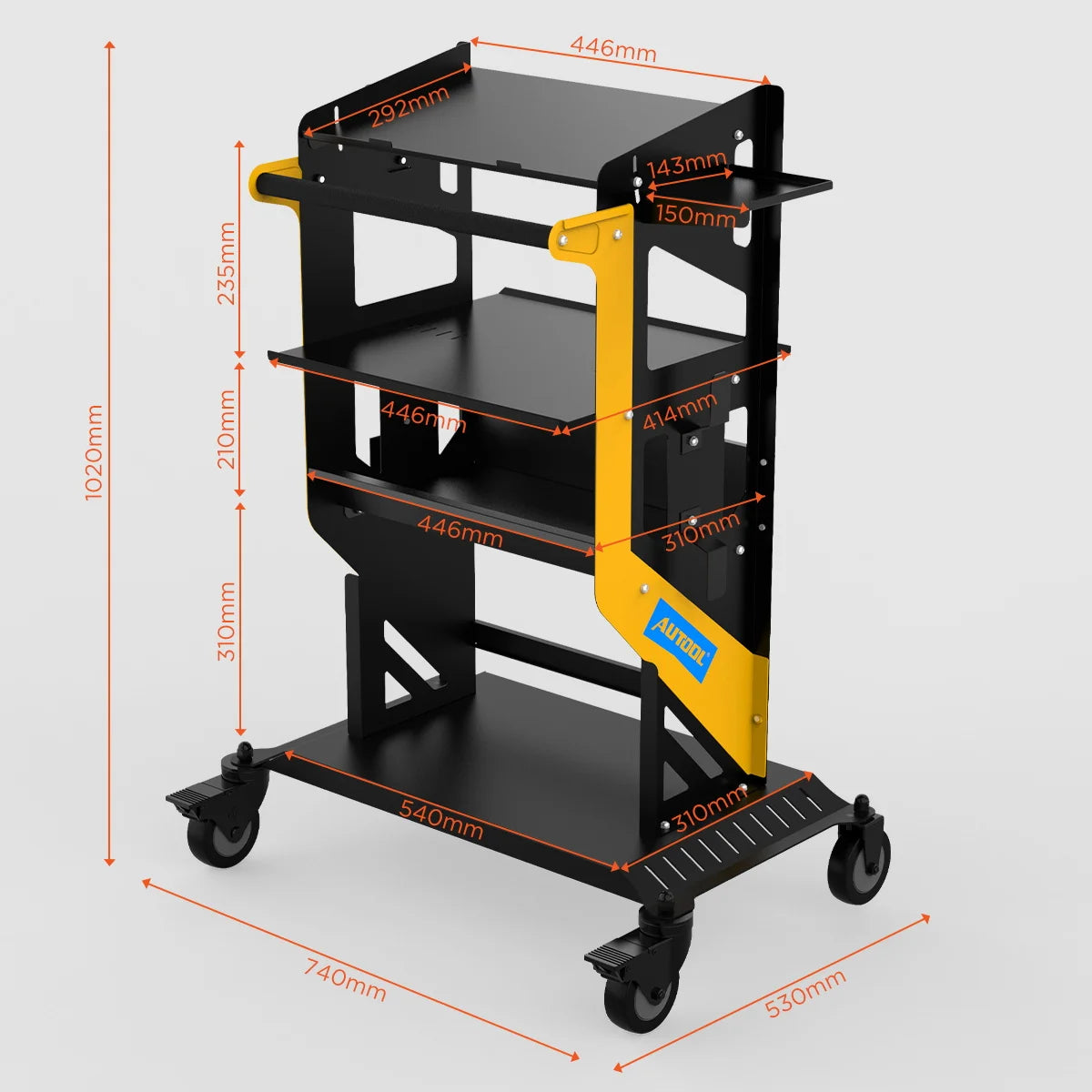Measurement chart of a diagnostic tool rolling cart with dimensions labeled