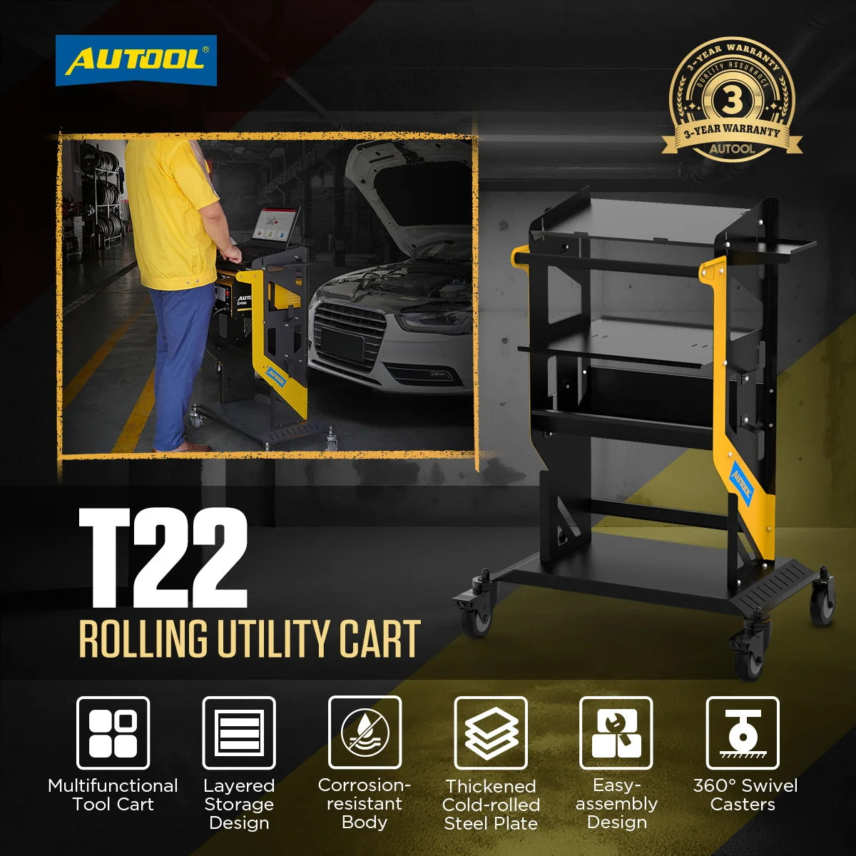 AUTOOL T22 rolling utility cart features