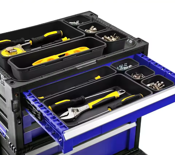 open tool chest with tools and compartments