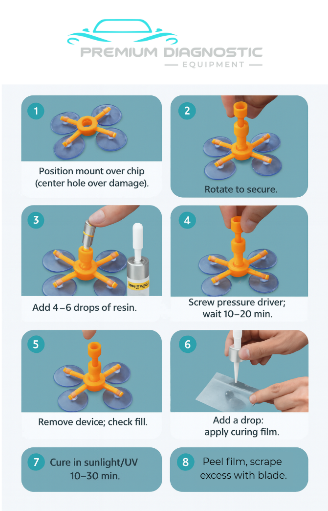 Step-by-step guide on using the windscreen chip repair kit with images and text instructions