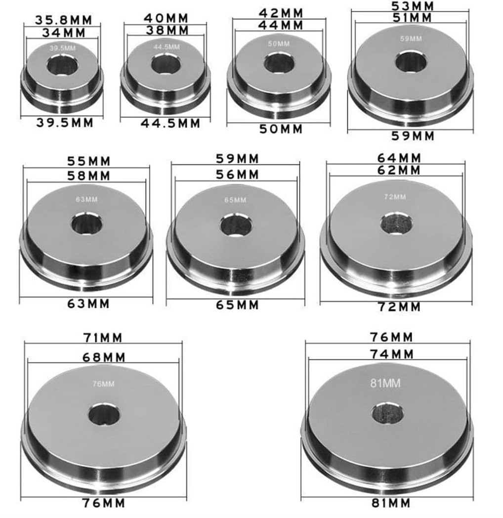 9 precision-machined aluminum collars/discs with dimensions labeled