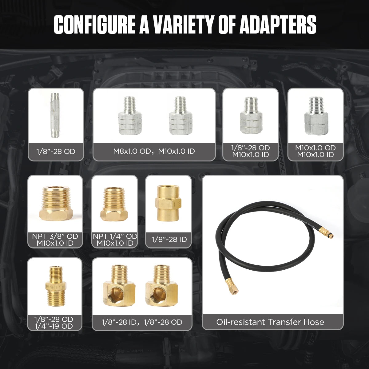 AUTOOL PT650 set of various adapters and a transfer hose