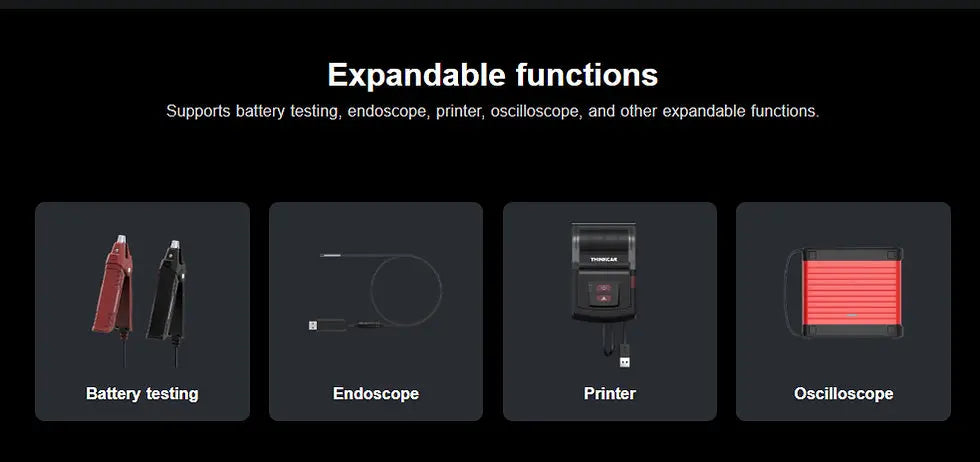 Thinkcar Thinktool Expert 394 diagram of expandable functions including battery testing, endoscope, printer, and oscilloscope