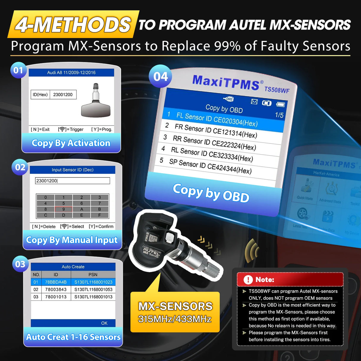 Autel MaxiTPMS TS508WF four methods to program Autel MX sensors