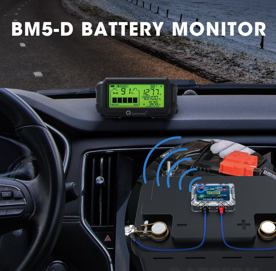 Quicklynks BM5 Bluetooth Battery Monitoring System with HUD