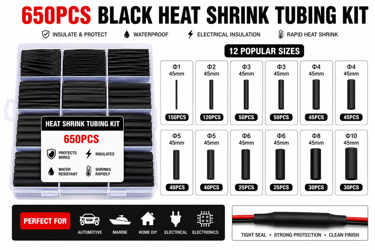 650-piece black heat shrink tubing kit with packaging and size chart.