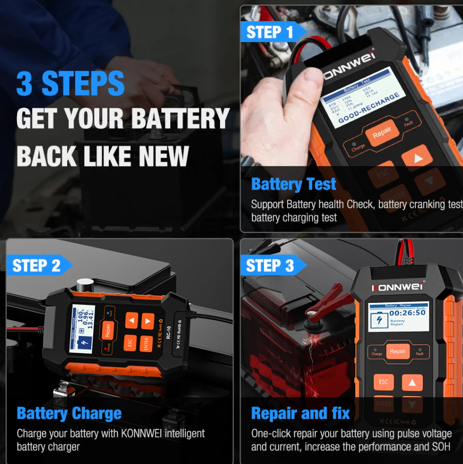 KONNWEI KW520 3-in-1 battery tester, charger, and repairer