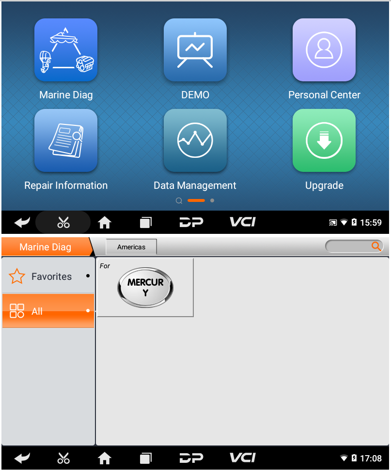 OBDSTAR ISCAN MARINE MERCURY software interface with various icons and a focus on marine diagnostics