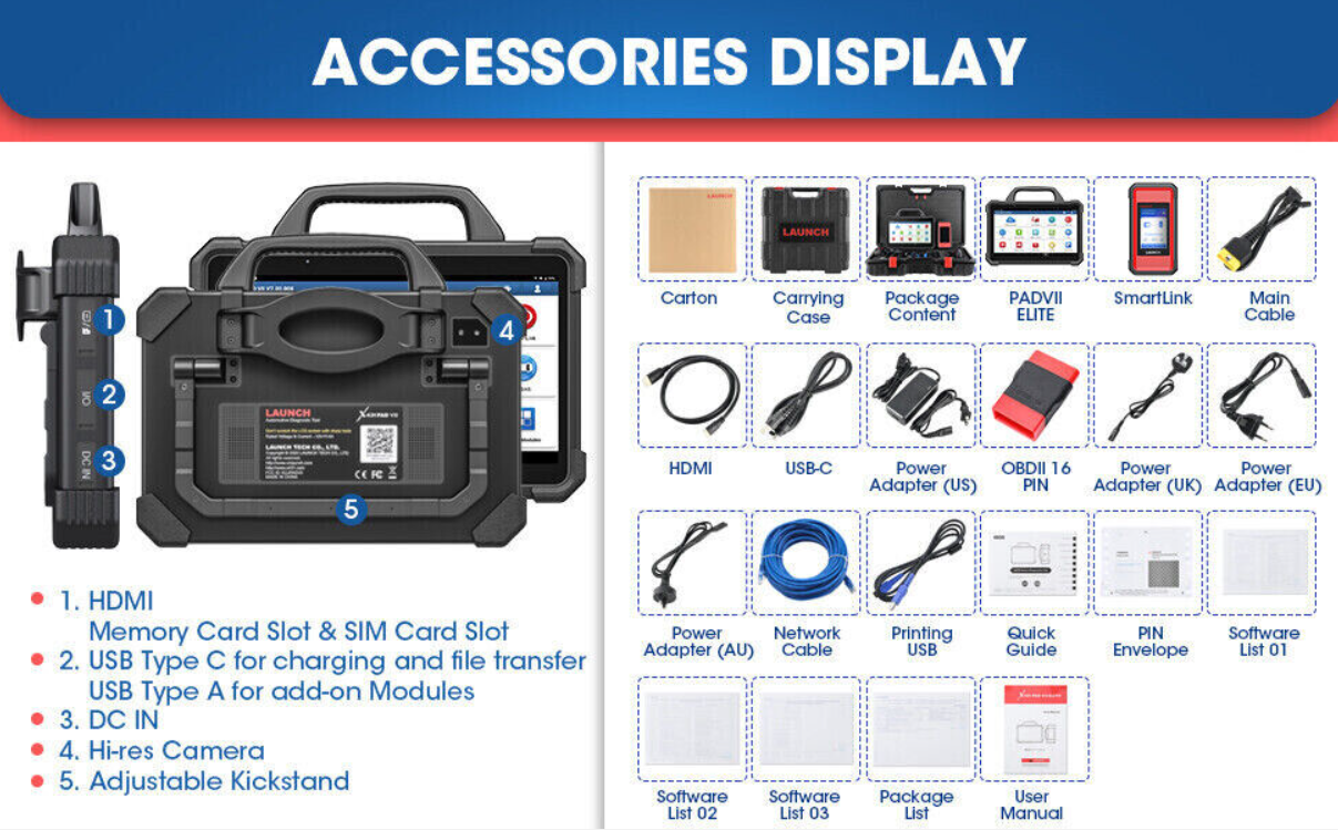 Launch X-431 PAD 7 Elite accessories display