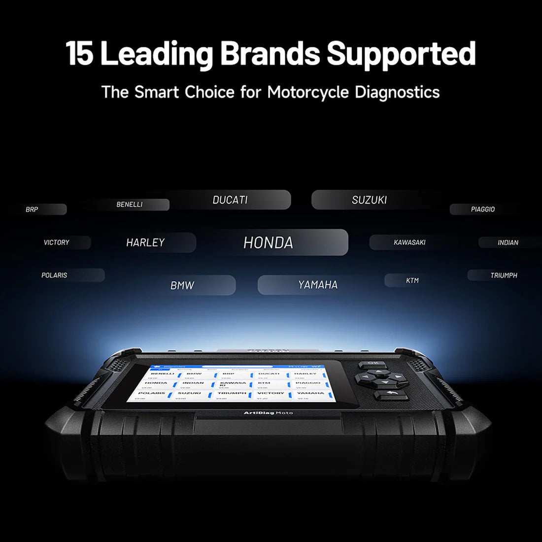 Topdon ArtiDiag Moto diagnostic tool with brand compatibility list