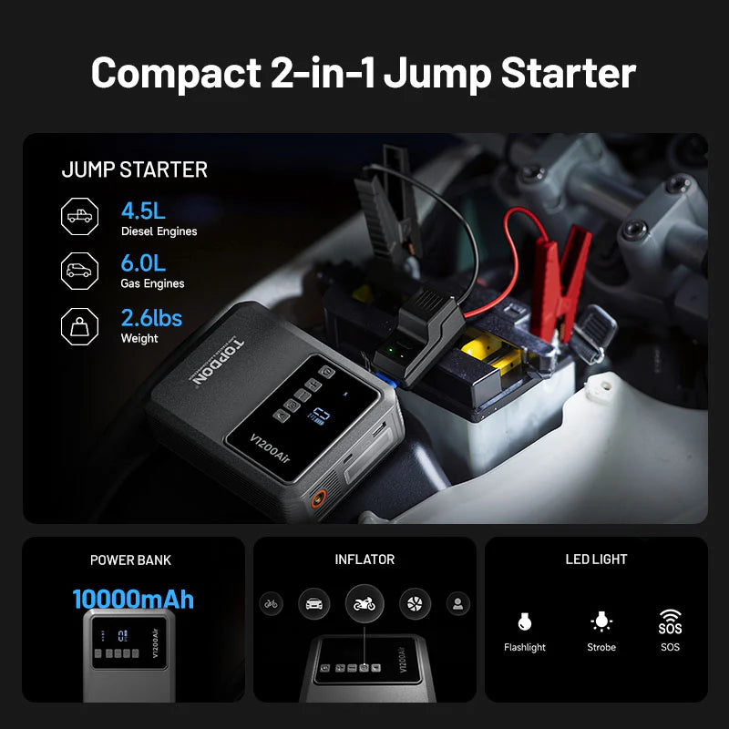 Topdon V1200Air compact 2-in-1 jump starter with power bank and inflator features