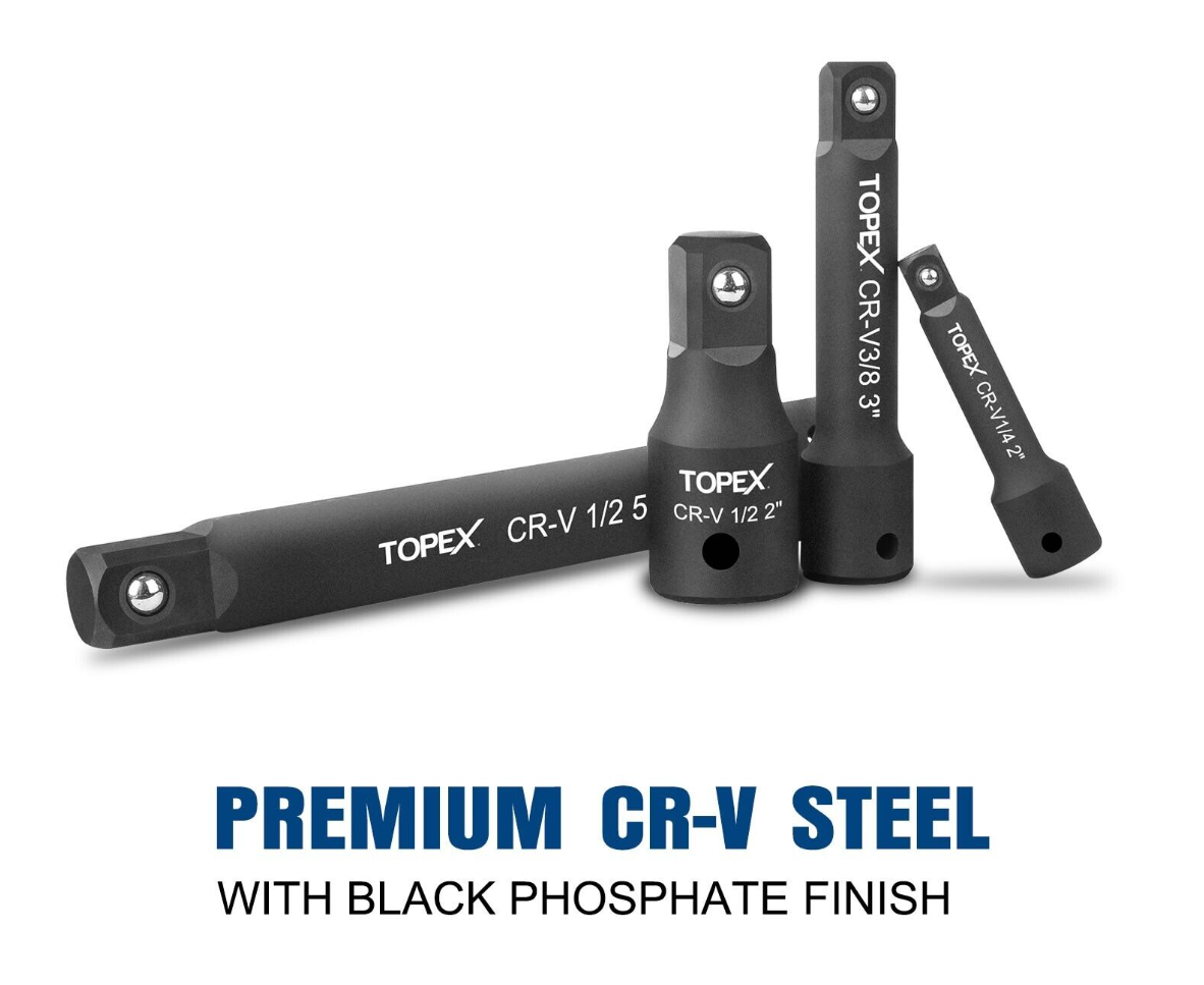TOPEX 9 Piece Extension Bar Set 1/4" 3/8" and 1/2" Black Impact Socket Extensions