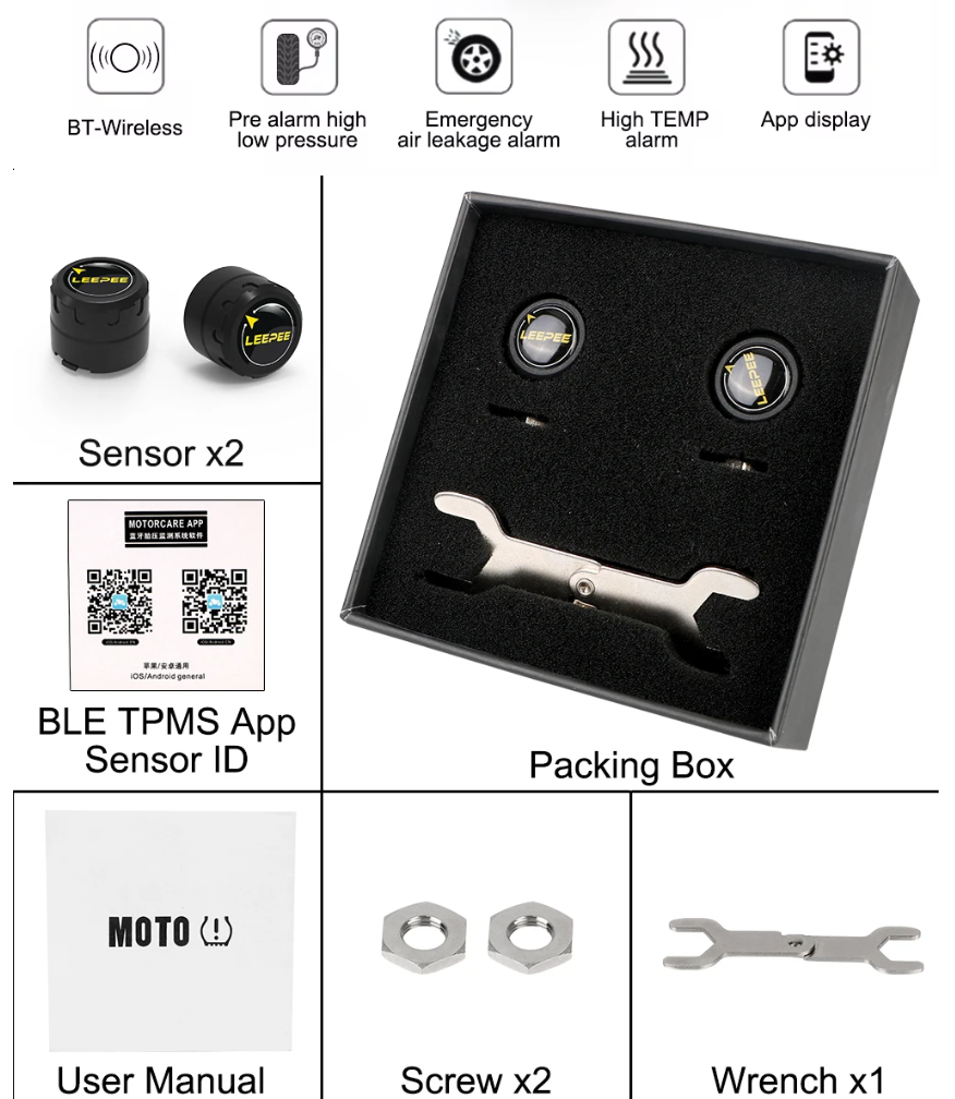 motorcycle TPMS via Bluetooth sensors package list