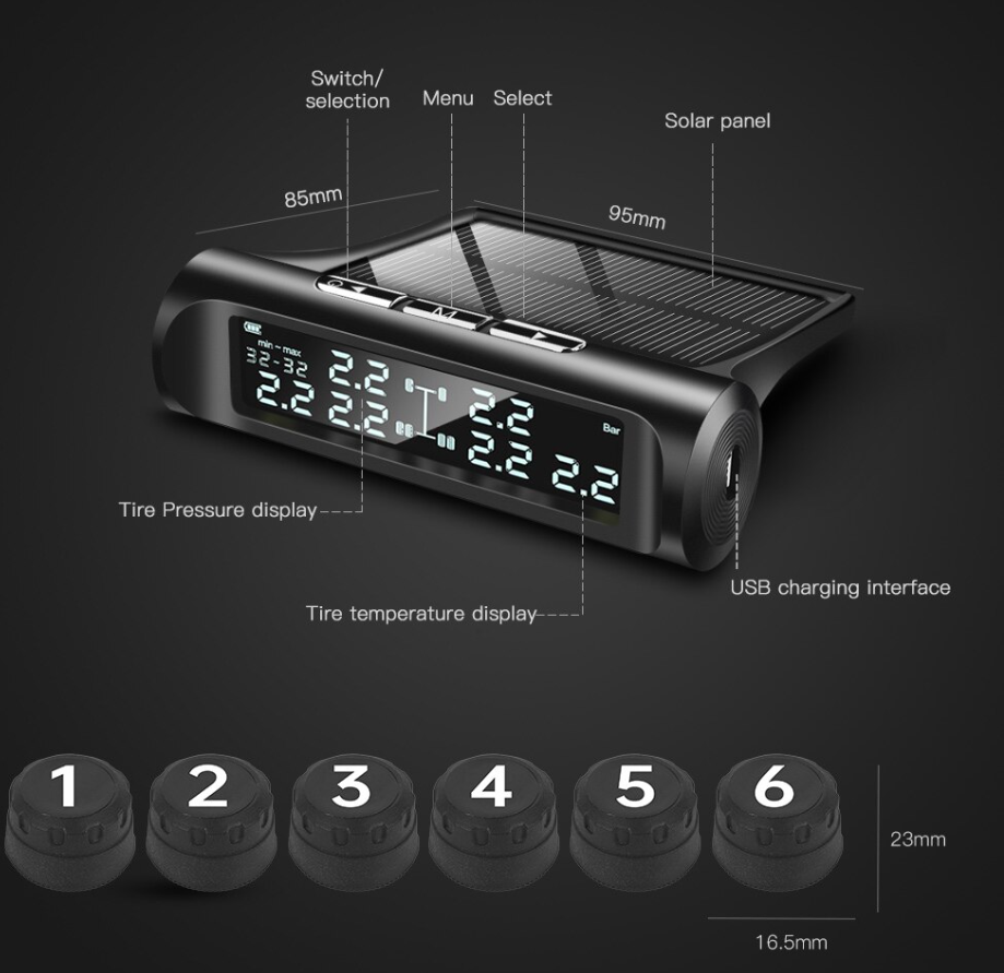 Solar powered TPMS with 6 waterproof sensors