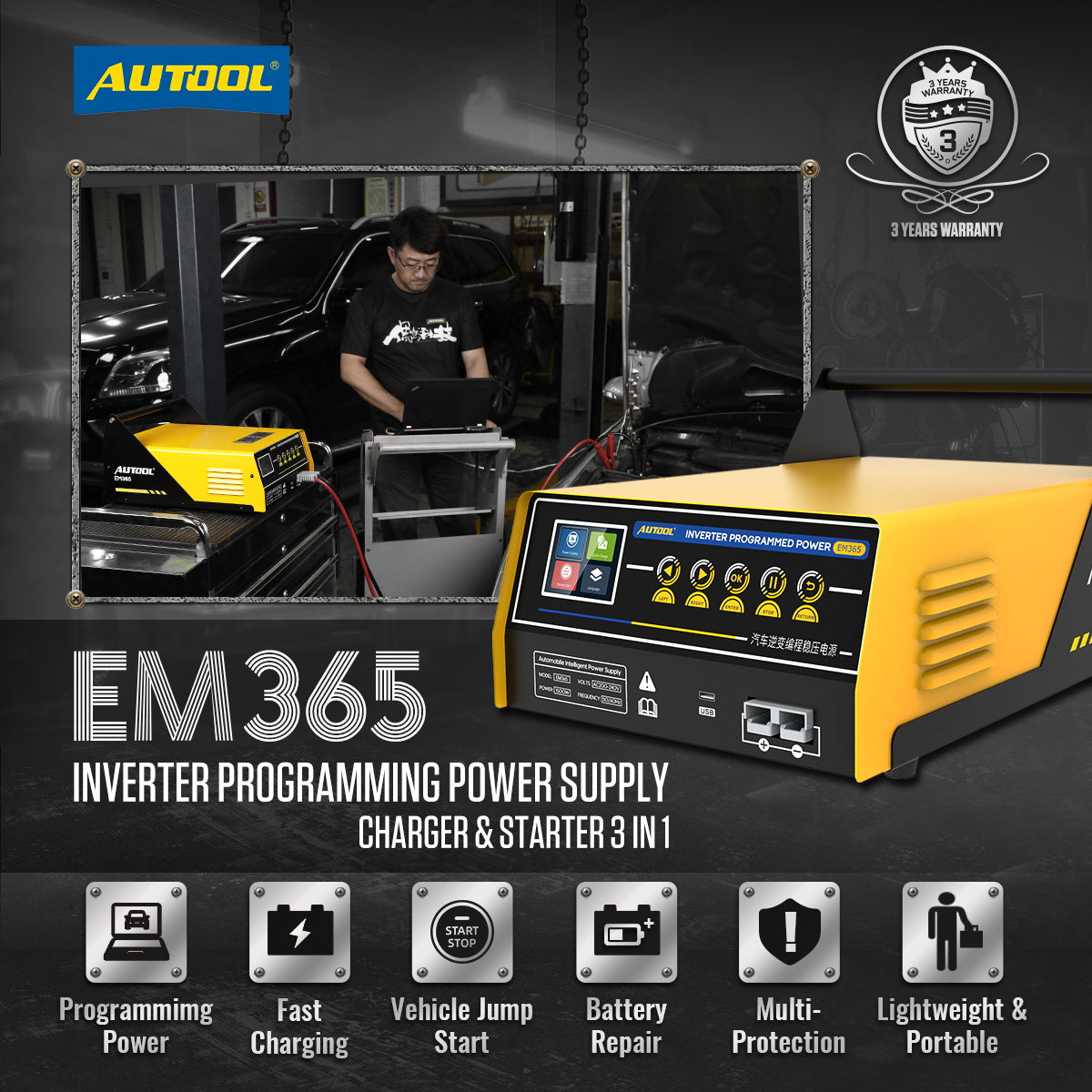 AUTOOL EM365 150A ECU Programming Power Supply & 12V Battey Charger & Car Jump Starter