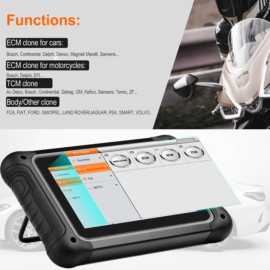 OBDSTAR DC706 automotive and motorcycle use, showing brand compatibility list