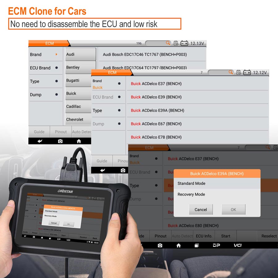 Person using the OBDSTAR DC706 with ECM Clone software for cars displayed on screen