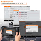 Person using the OBDSTAR DC706 with ECM Clone software for cars displayed on screen