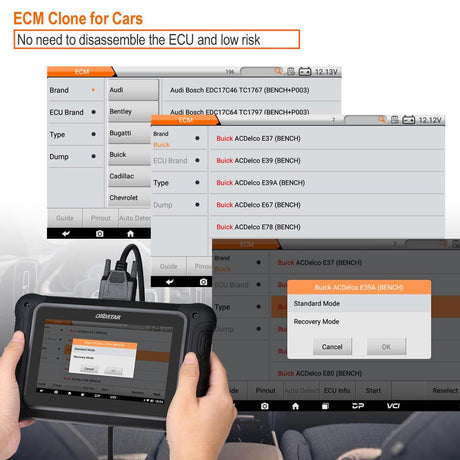 Person using the OBDSTAR DC706 with ECM Clone software for cars displayed on screen