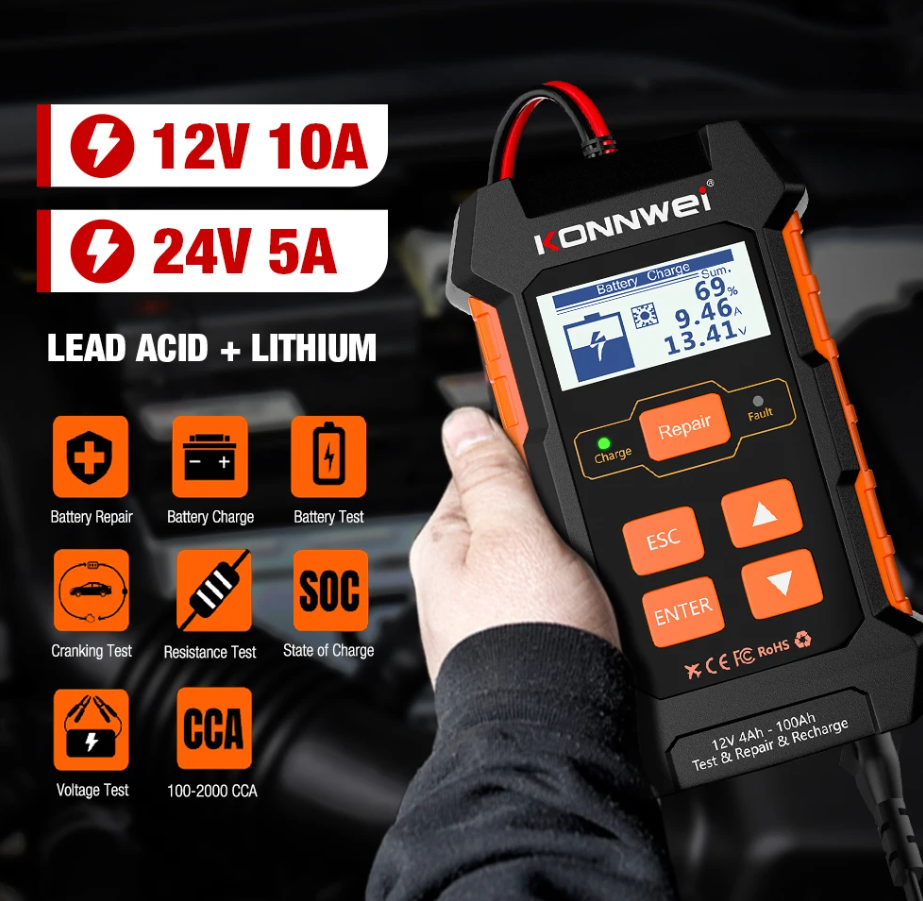 KONNWEI KW520 Battery Charger + Tester  + Repairer For 12/24V