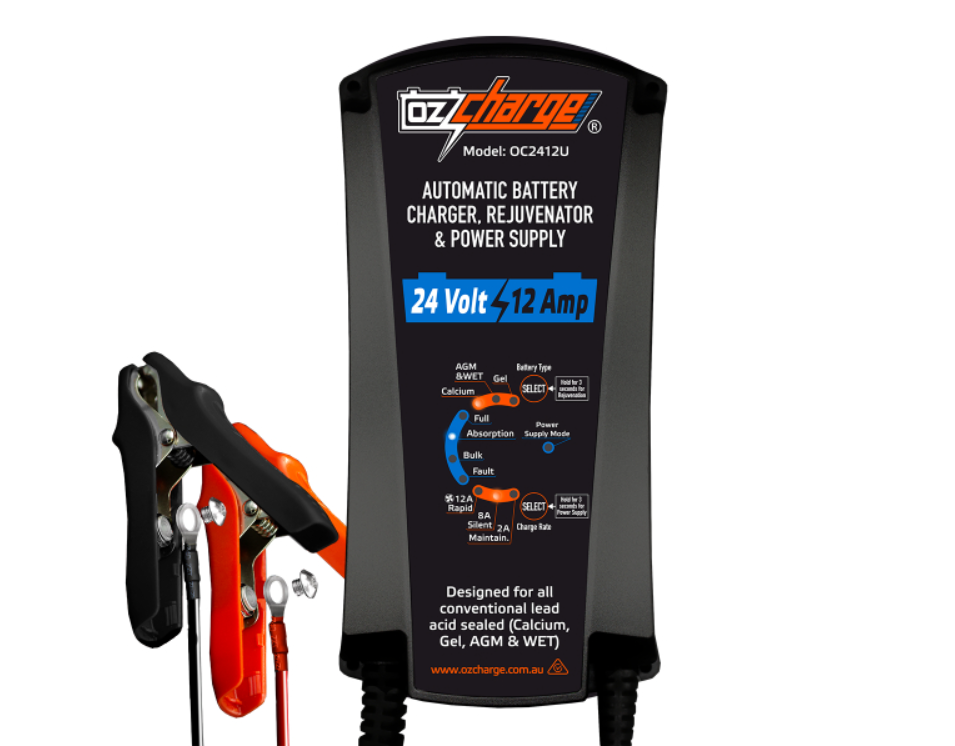 OzCharge 24V 12A smart battery charger for AGM, Gel, Calcium & Wet batteries
