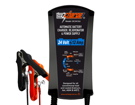OzCharge 24V 12A smart battery charger for AGM, Gel, Calcium & Wet batteries