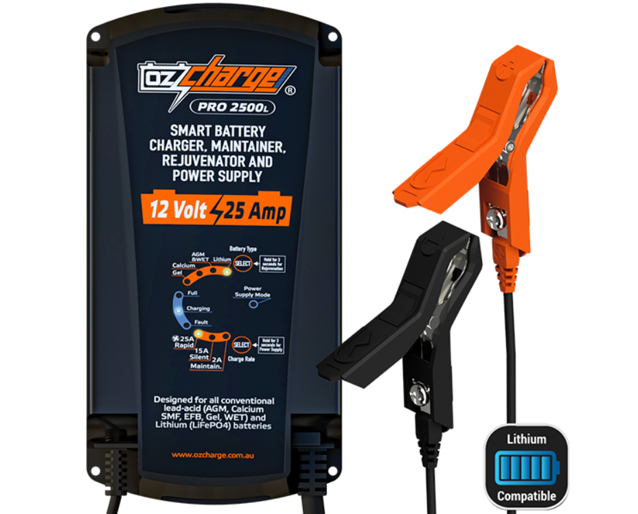 OzCharge 12V 25A smart battery charger, maintainer, rejuvenator and power supply