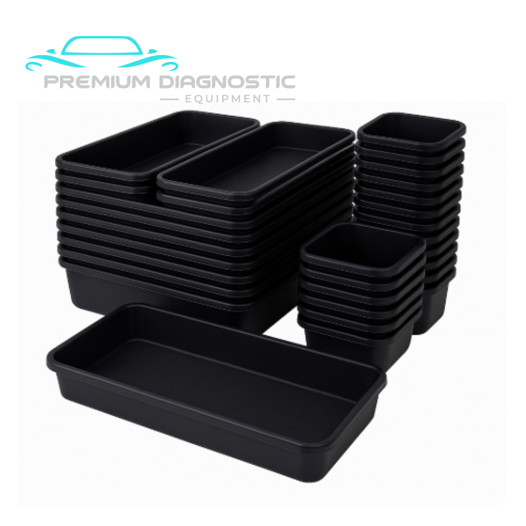 Multiple black tool box organizer tray set stacked