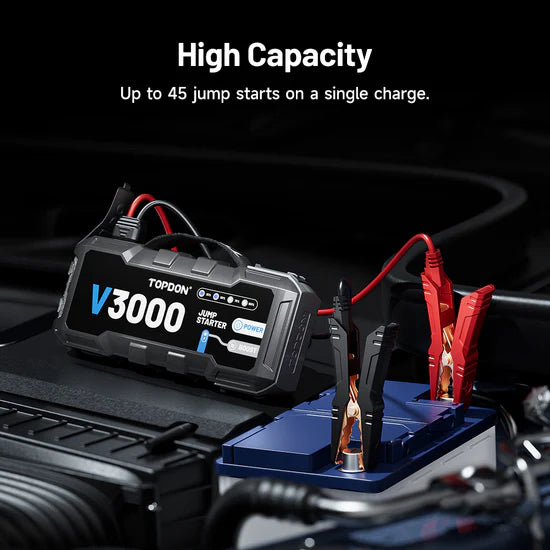 Topdon V3000 jump starter on a car battery with text 'High Capacity Up to 45 jump starts on a single charge.'