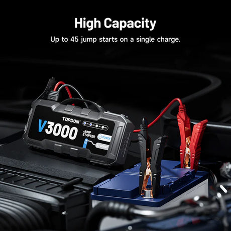 Topdon V3000 jump starter on a car battery with text 'High Capacity Up to 45 jump starts on a single charge.'
