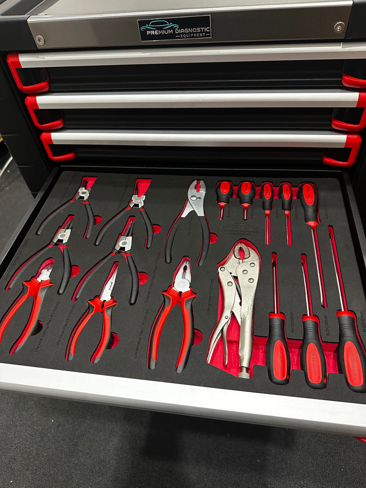 screwdriver plier set in eva foam tray cut out for tool box