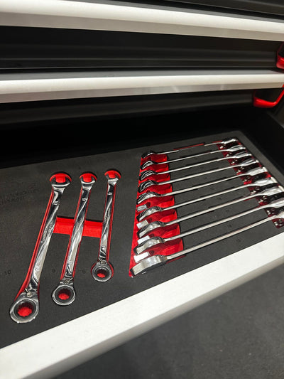 Ratchet spanner set in foam eva tray cut out for tool box