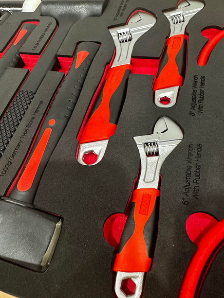 adjustable wrench set hammer and pliers in eva foam tray cut out for tool box