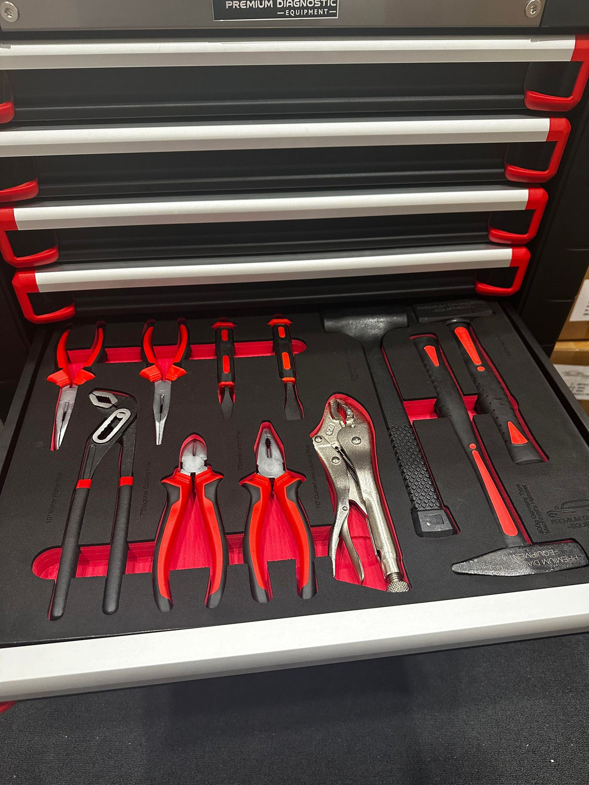 plier set and hammer tool set in foam eva tray cut out for toolbox 
