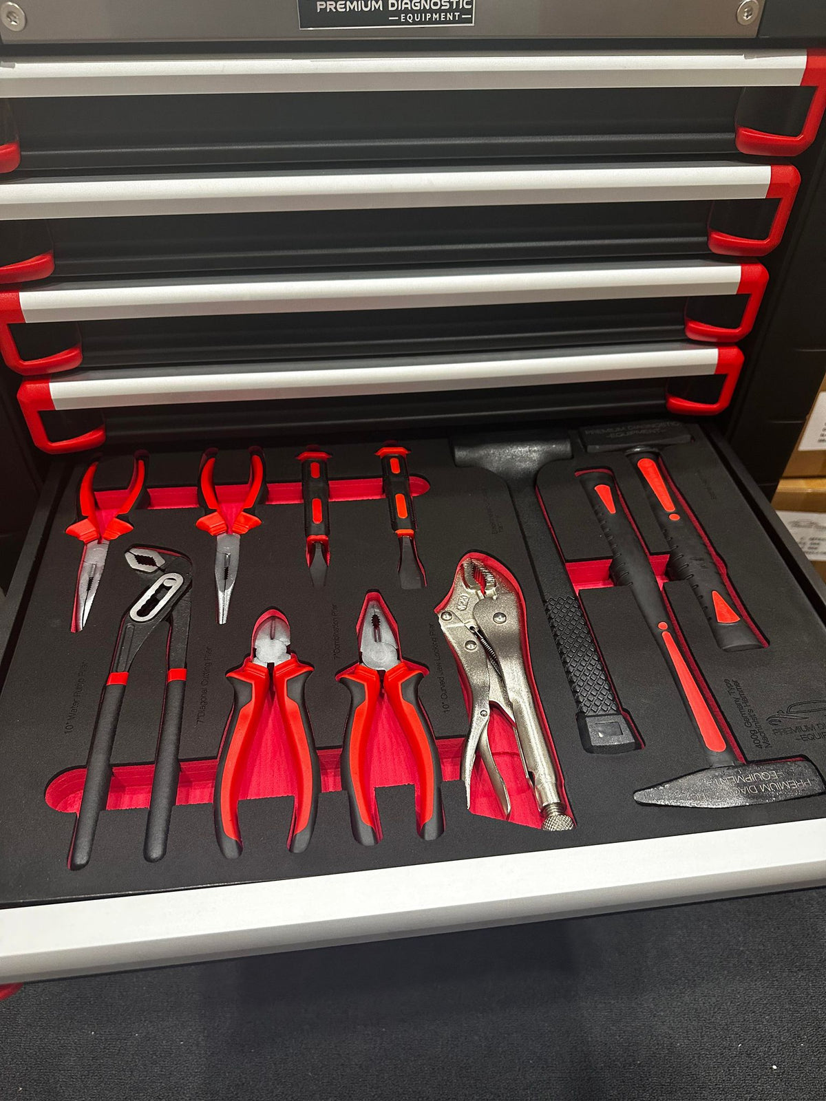 plier set and hammer tool set in foam eva tray cut out for toolbox
