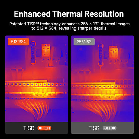 Comparison of thermal images with and without TISR technology, showing enhanced resolution