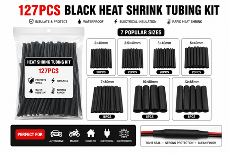 Black heat shrink tubing kit with packaging and size options