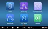 OBDSTAR iScan BRP set of app icons with labels for IMMO, Moto Diag, Personal Center, Marine Diag, ODO Meter, and Upgrade