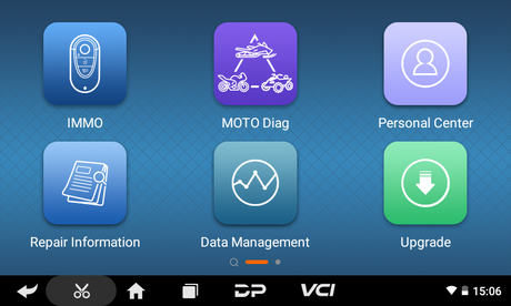 OBDSTAR iScan Triumph set of app icons with labels for IMMO, Moto Diag, Personal Center, Repair Information, Data Management, and Upgrade