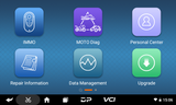OBDSTAR iScan Kawasaki icons with labels for IMMO, Moto Diag, Personal Center, Repair Information, Data Management, and Upgrade
