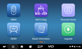OBDSTAR iScan Harley Davidson set of app icons with labels for IMMO, MOTO Diag, Personal Center, DEMO, Repair Information, and Upgrade