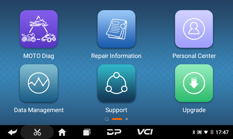 OBDSTAR iScan Ural set of app icons with labels for MOTO Diag, Repair Information, Personal Center, Data Management, Support, and Upgrade